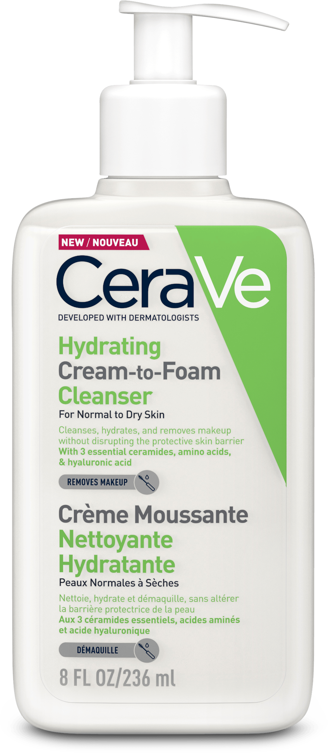CeraVe Hydrating Cream-to-Foam Cleanser 236ml — Cream-to-Foam Face Wash for Normal to Dry Skin